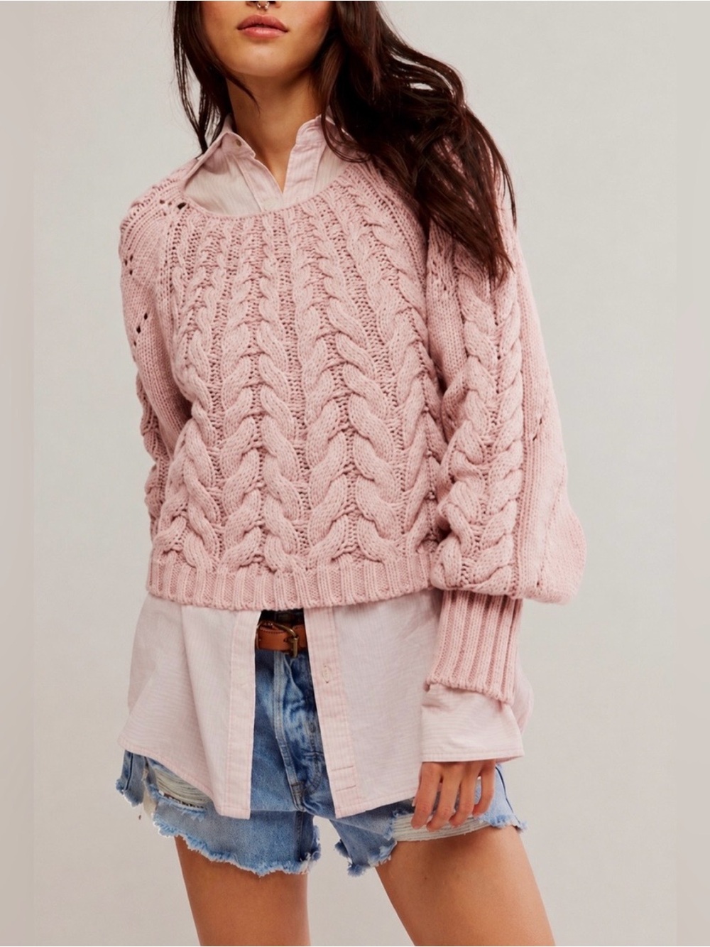 Free People On A Cloud Cable Knit Cropped Sweater pink size S $148